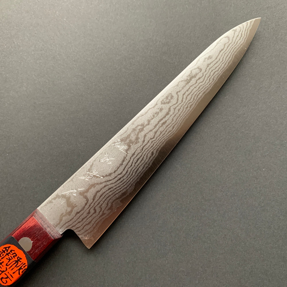 Petty knife, VG10, damascus finish, red handle - Shigeki Tanaka