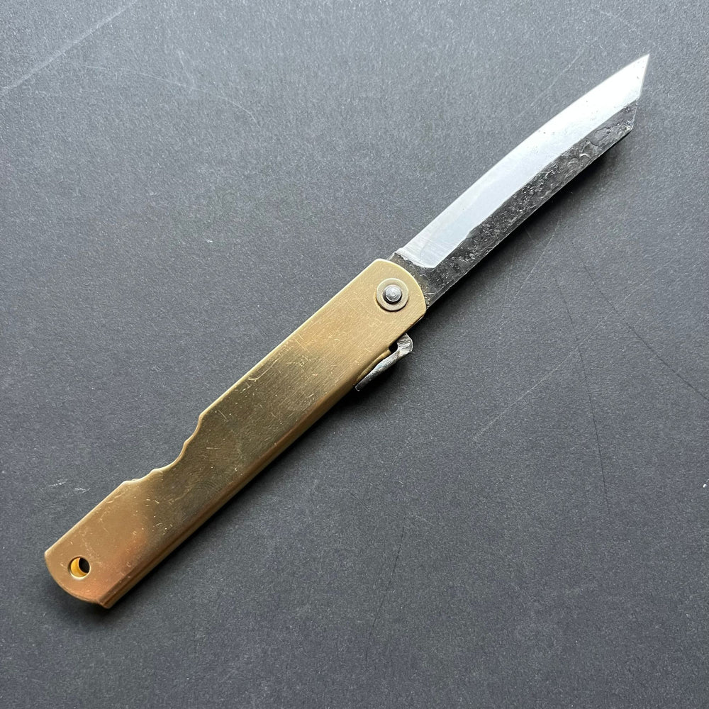 Higonokami - Japanese folding penknife, Aogami carbon steel blade, brass handle, kurouchi finish